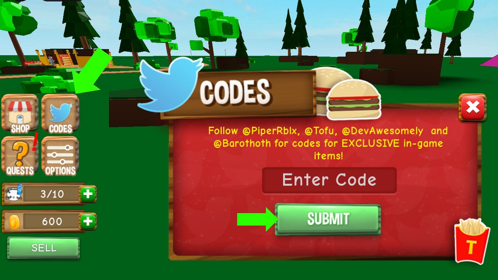 Use codes to get free rewards (Image via Roblox)